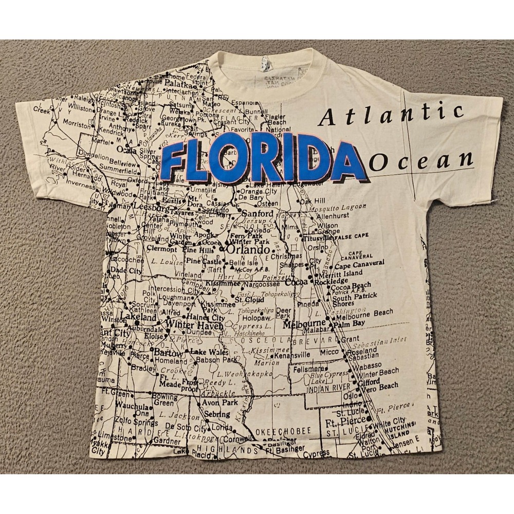 Vintage Sun Sportswear Florida All Over Print Map T-Shirt Mens LSingle Stitch